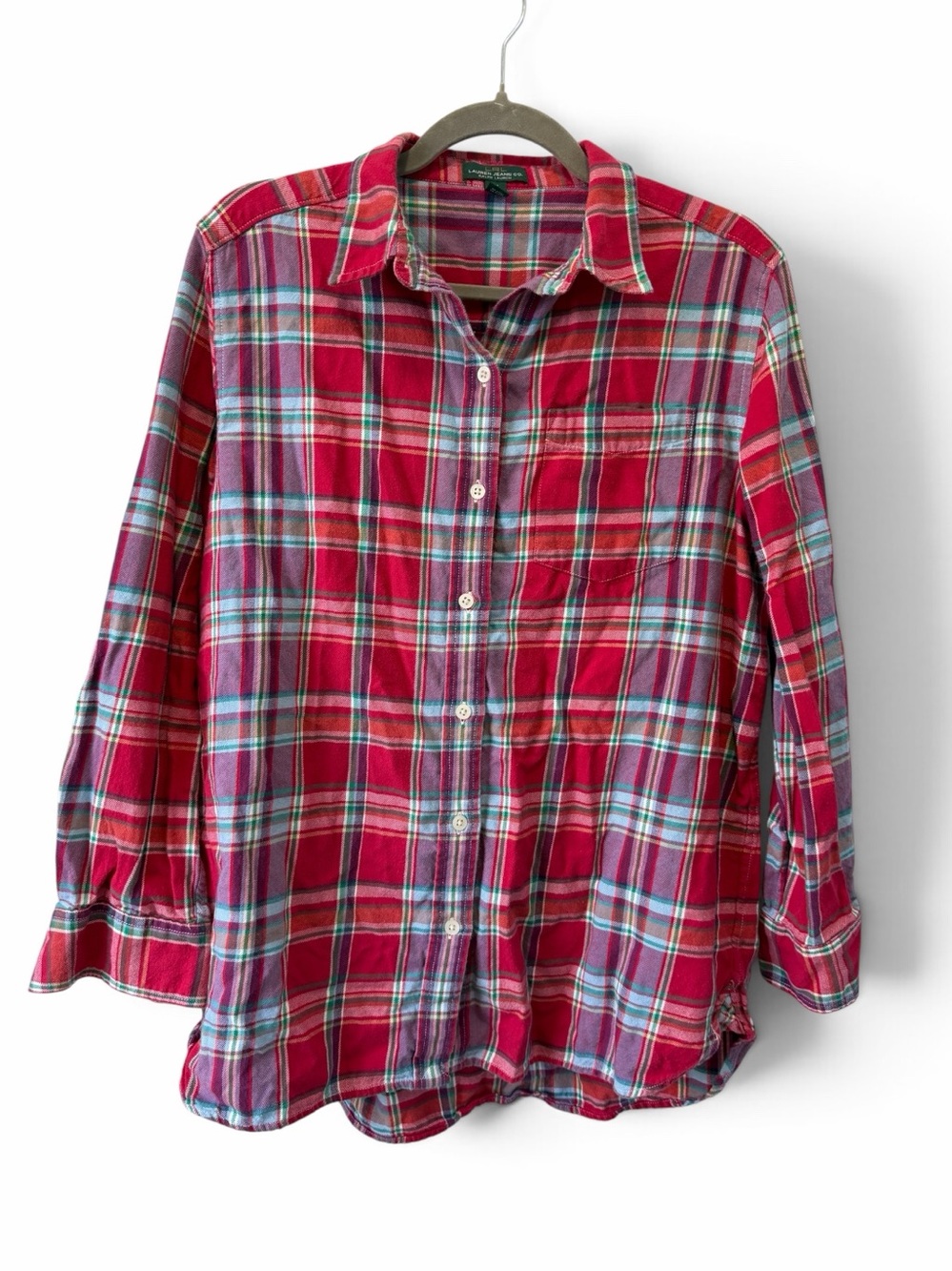 Lauren Ralph Lauren Women's Red Plaid Button-Up Shirt Quiet Luxury Size Medium